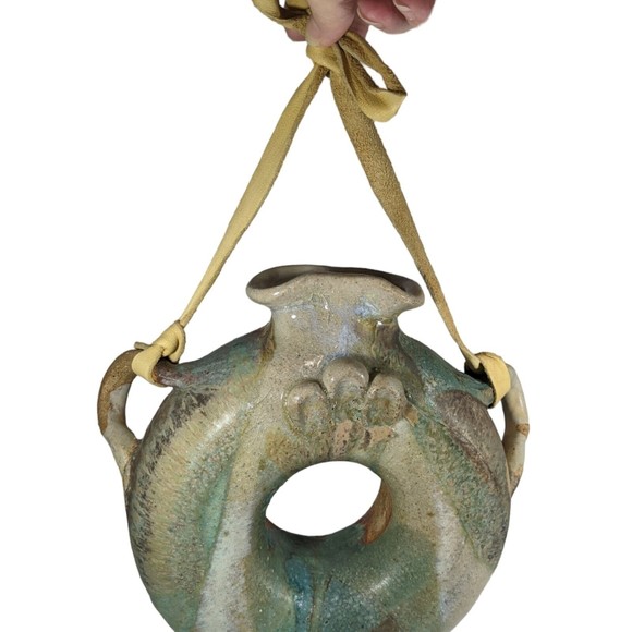 Vintage Drip Glaze Ceramic Hanging Water Jug Donut Jug Bottle Canteen - Picture 2 of 9